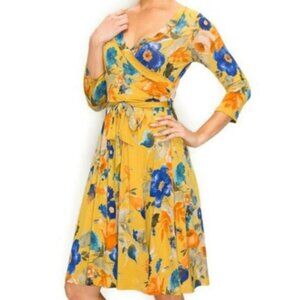 Janette Fashion Mustard Blue Floral Faux Wrap Knee Length Dress